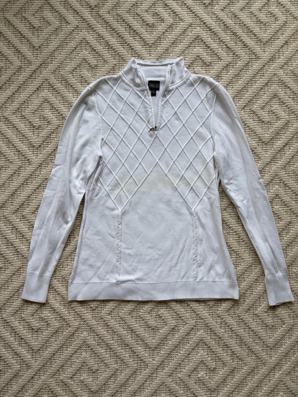 NILS White Quarter-Zip Diamond-Knit Turtleneck Sweater, L